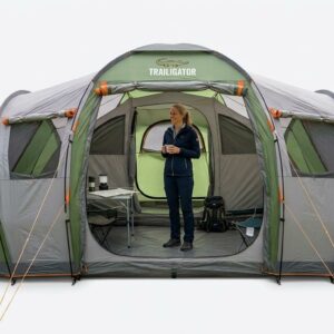 Trailigator 10-Personen-Zelt mit gro&szlig;em Eingangsbereich und mehreren Schlafkabinen, aufgebaut f&uuml;r Familien, Gruppen und Campingurlaube.