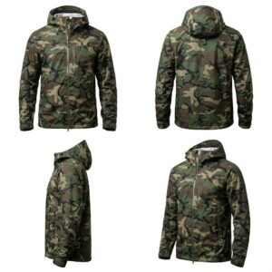 TRAILIGATOR Outdoorjacke mit Camouflage-Muster und Kapuze, wasserabweisend, dargestellt in Vorder-, R&uuml;ck-, Seiten- und Schr&auml;gansicht auf wei&szlig;em Hintergrund.